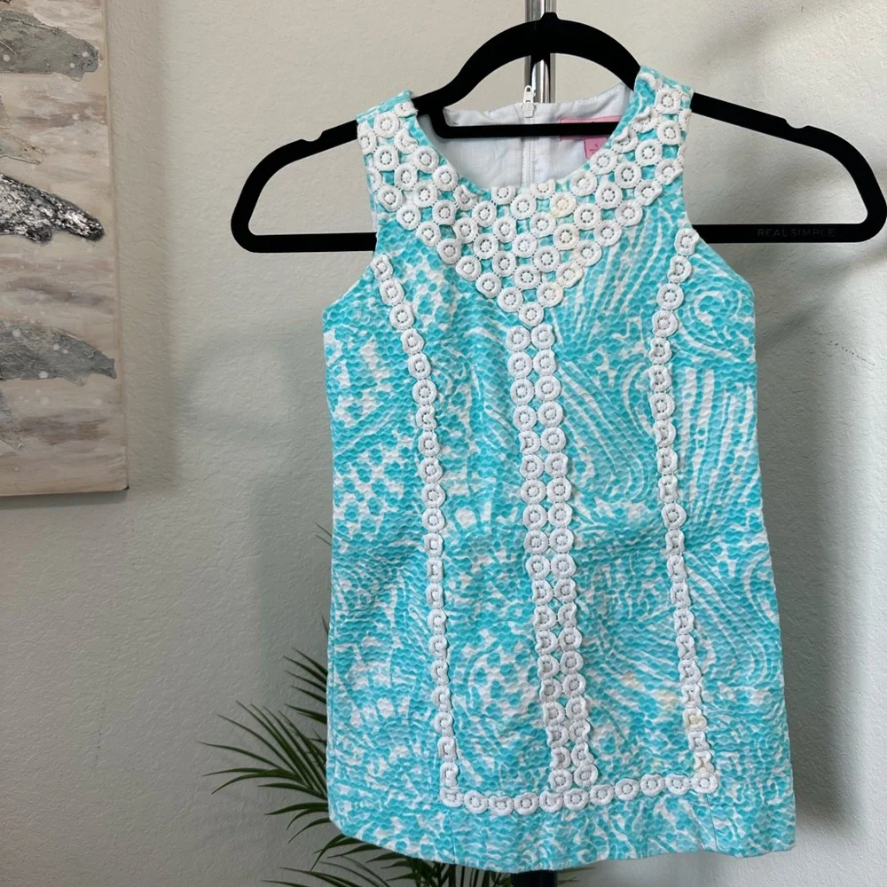 Lilly Pulitzer Girls Aqua and White Embroidered Shift Dress